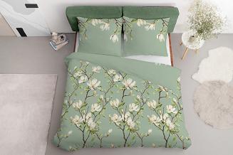 Pościel satynowa 160x200 Detexpol szałwiowa kwitnące magnolie
