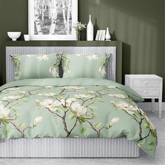 Pościel satynowa 160x200 Detexpol szałwiowa kwitnące magnolie