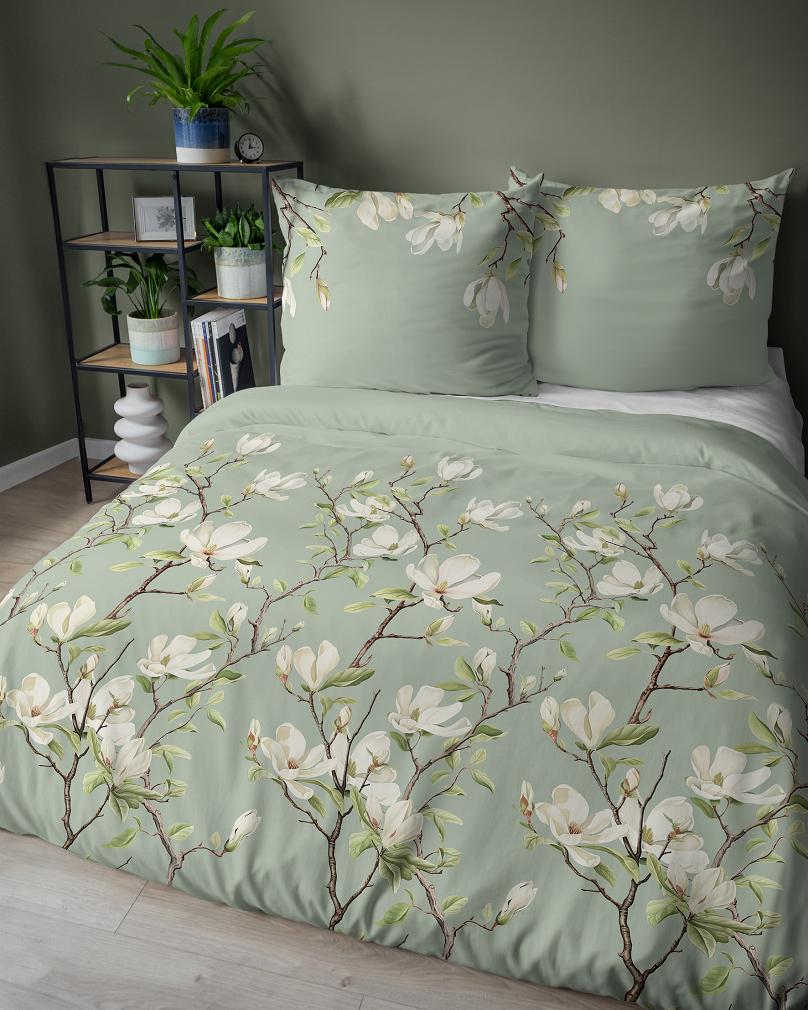 Pościel satynowa 160x200 Detexpol szałwiowa kwitnące magnolie