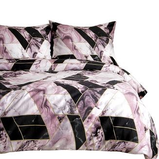 Pościel satyna bawełniana SATYNLOVE 220x200 pudrowa czarna geometryczny marmurek