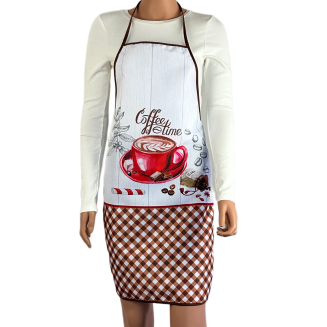 Fartuch kuchenny brązowy biały filiżanka kawy kratka