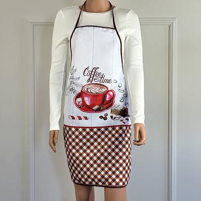 Fartuch kuchenny brązowy biały filiżanka kawy kratka