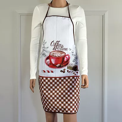 Fartuch kuchenny brązowy biały filiżanka kawy kratka