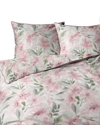 Pościel bawełniana Perkal Lamé Percale 220x200 różowa zielona kwiaty liście ozdobna lamówka