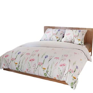 Komplet pościeli z bawełny satynowej ZALURA 160x200 biała pastelowa kwitnąca łąka