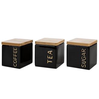 Pojemniki ceramiczne do kuchni LEXI komplet 3 szt. czarne złote kawa herbata cukier