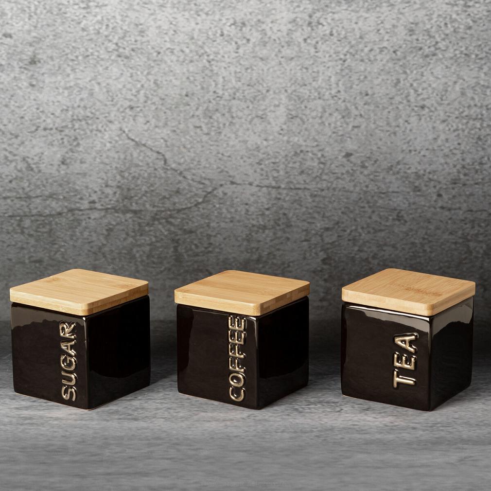 Pojemniki ceramiczne do kuchni LEXI komplet 3 szt. czarne złote kawa herbata cukier