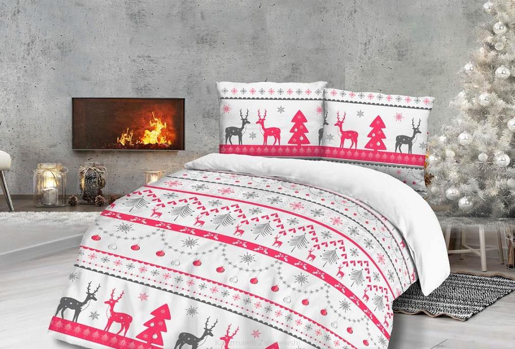 Pościel flanelowa 140x200 Darymex biała czerwona w renifery i bombki