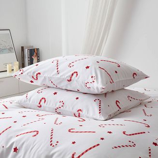 Biała Pościel Świąteczna Satyna Bawełniana z Nadrukiem 220x200 Candycanes