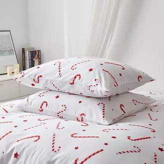 Biała Pościel Świąteczna Satyna Bawełniana z Nadrukiem 220x200 Candycanes