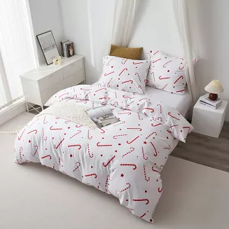 Biała Pościel Świąteczna Satyna Bawełniana z Nadrukiem 220x200 Candycanes