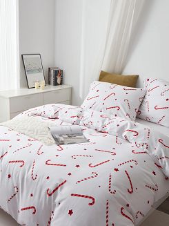 Biała Pościel Świąteczna Satyna Bawełniana z Nadrukiem 220x200 Candycanes
