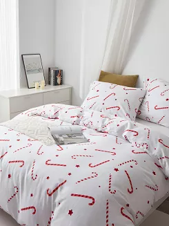 Biała Pościel Świąteczna Satyna Bawełniana z Nadrukiem 220x200 Candycanes
