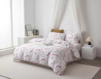 Biała Pościel Świąteczna Satyna Bawełniana z Nadrukiem 220x200 Candycanes