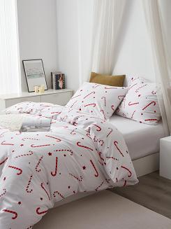 Biała Pościel Świąteczna Satyna Bawełniana z Nadrukiem 220x200 Candycanes