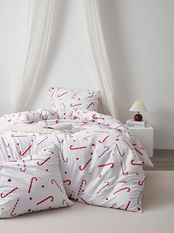 Biała Pościel Świąteczna Satyna Bawełniana z Nadrukiem 220x200 Candycanes