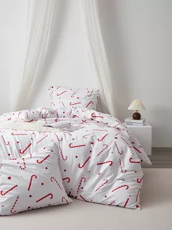 Biała Pościel Świąteczna Satyna Bawełniana z Nadrukiem 220x200 Candycanes