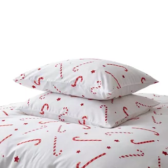Pościel świąteczna satyna bawełniana Candycanes 220x200 biała czerwone cukrowe laski gwiazdki