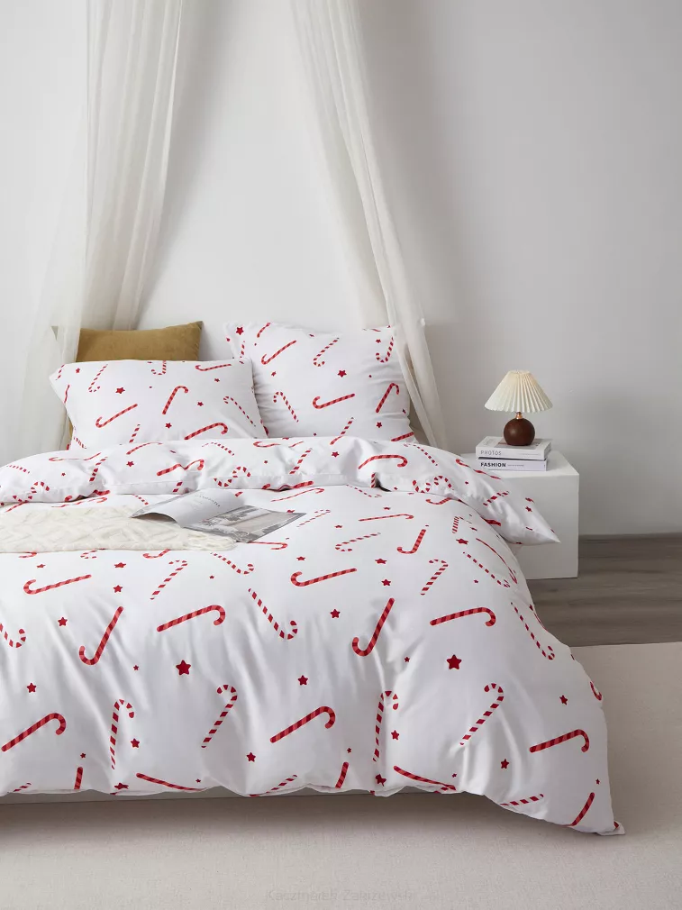 Biała Pościel Świąteczna Satyna Bawełniana z Nadrukiem 220x200 Candycanes
