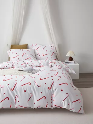 Pościel świąteczna satyna bawełniana Candycanes 220x200 biała czerwone cukrowe laski gwiazdki