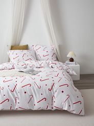Pościel świąteczna satyna bawełniana Candycanes 220x200 biała czerwone cukrowe laski gwiazdki