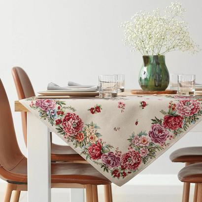Obrus dekoracyjny gobelin GRIA 100x100 Eurofirany naturalny czerwony letnie kwiaty