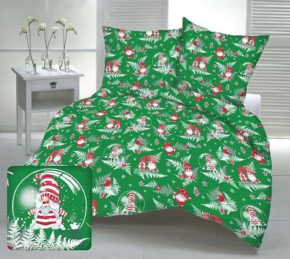 Pościel bawełniana świąteczna 160x200 wzór skrzaty na zielonym tle