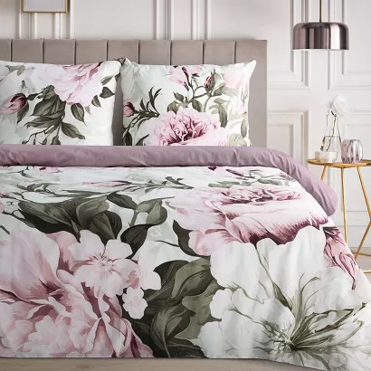 Pościel bawełniana PEONY 140x200 Eurofirany wrzosowa biała kwiaty kwitnące piwonie