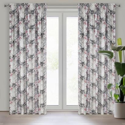 Zasłona gotowa na taśmie LUCIA 140x270 Eurofirany kremowa szara różowa kwiaty