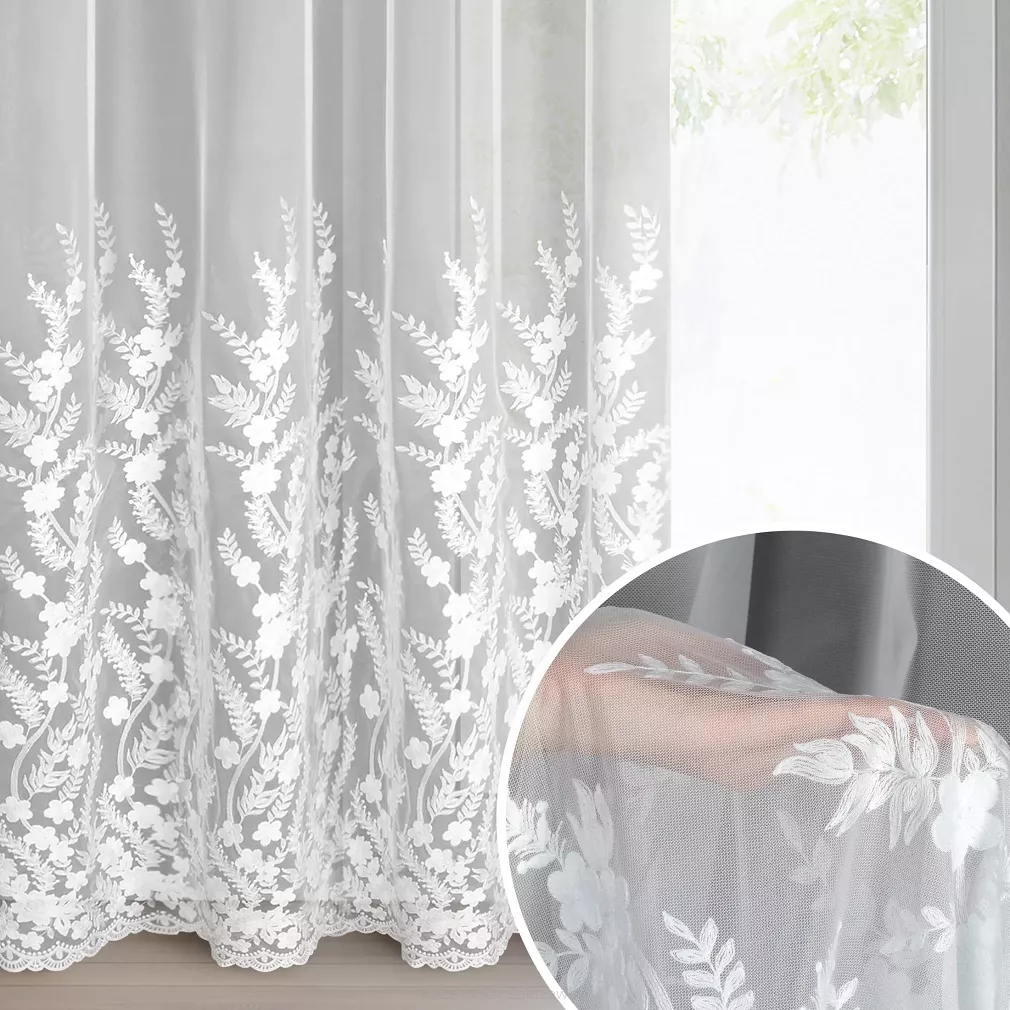 Firana gotowa na przelotkach TALINA 300x250 Eurofirany biała haftowana w botaniczny kwiatowy  motyw