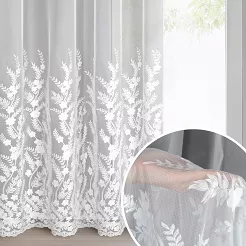 Firana gotowa na przelotkach TALINA 300x250 Eurofirany biała haftowana w botaniczny kwiatowy  motyw