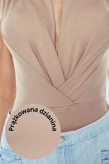 Body damskie z dekoltem typu woda Jeny prążkowana dzianina cappuccino