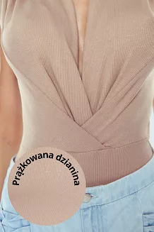 Body damskie z dekoltem typu woda Jeny prążkowana dzianina cappuccino