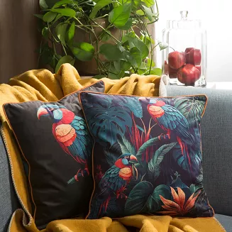 Poszewka dekoracyjna VELVET 45x45 Eurofirany turkusowa kolorowe papugi