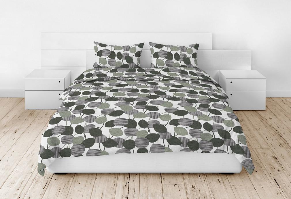 Pościel z kory 160x200 zielone szare listki na białym tle