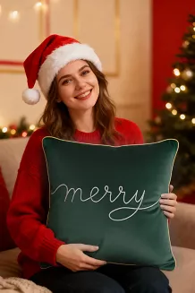 Poszewka dekoracyjna Merry 45x45 welurowa butelkowa ze złotym haftem i lamówką