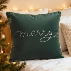 Poszewka dekoracyjna Merry 45x45 welurowa butelkowa ze złotym haftem i lamówką