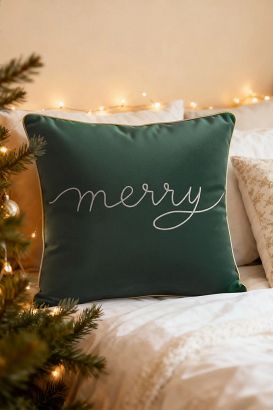 Poszewka dekoracyjna Merry 45x45 welurowa butelkowa ze złotym haftem i lamówką