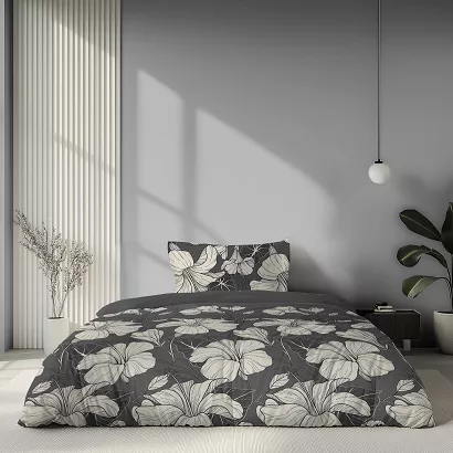 Pościel satynowa Home Satin 140x200 grafitowa w kremowe kwiaty