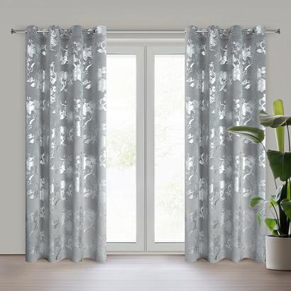 Zasłona gotowa na przelotkach CELIA 140x250 Eurofirany stalowa srebrna gałązki kwiaty
