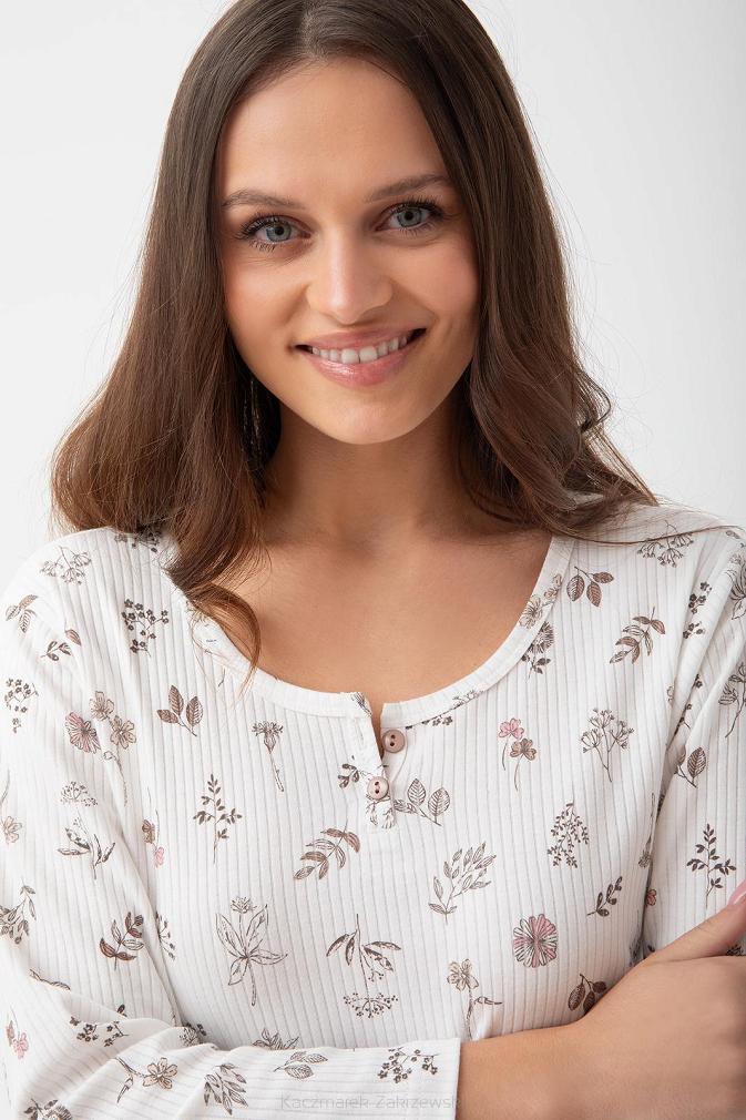 Koszula damska LUNA kod 271 ecru kakaowa prążki botaniczny nadruk