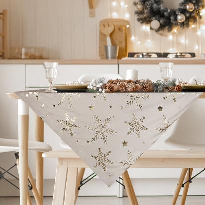 Obrus świąteczny 85x85 Eurofirany welwetowy beżowy w złociste śnieżynki