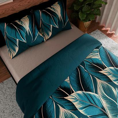 Komplet pościeli LEVI z bawełny satynowej 160x200 turkusowa beżowa duże liście