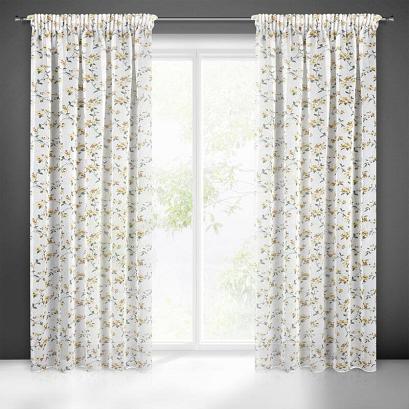 Zasłona gotowa na taśmie DINA 140x270 Eurofirany biała w musztardowe kwiaty