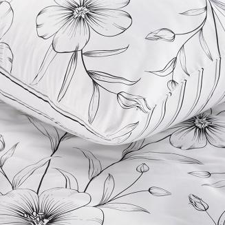 Pościel satynowa SPRING 160x200 Eurofirany biała czarna szkicowane polne kwiaty paski