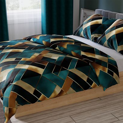Komplet pościeli RUBIK z bawełny satynowej 220x200 turkusowa ruda geometryczny motyw