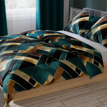 Komplet pościeli RUBIK z bawełny satynowej 220x200 turkusowa ruda geometryczny motyw