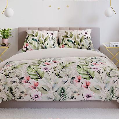 Komplet pościeli PARADIS z bawełny satynowej 160x200 biała zielona różowa egzotyczny ogród