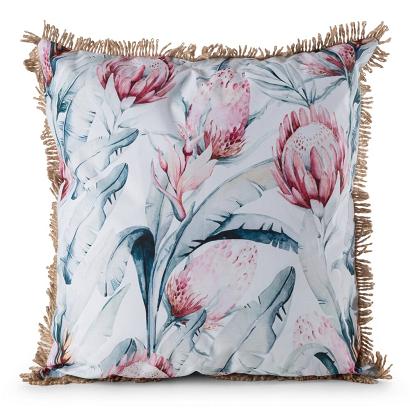 Poszewka dekoracyjna GARDEN 45x45 Eurofirany biała w subtelny nadruk kwiatów z frędzlami