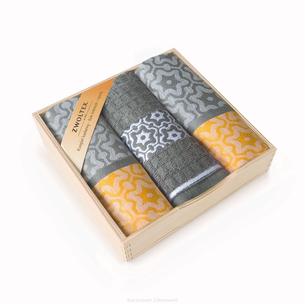 Komplet ścierek 2+1 ZWOLTEX w drewnianym pudełku wzór MARSALA żółty